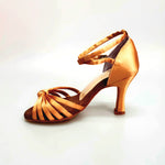 Load image into Gallery viewer, Patty QB (28QB) - Scarpa da Ballo Basica da Donna in Raso Seta Bronzo Nodino con 6 Fascette e cinturino doppio sulla caviglia con Tacco a Rocchetto
