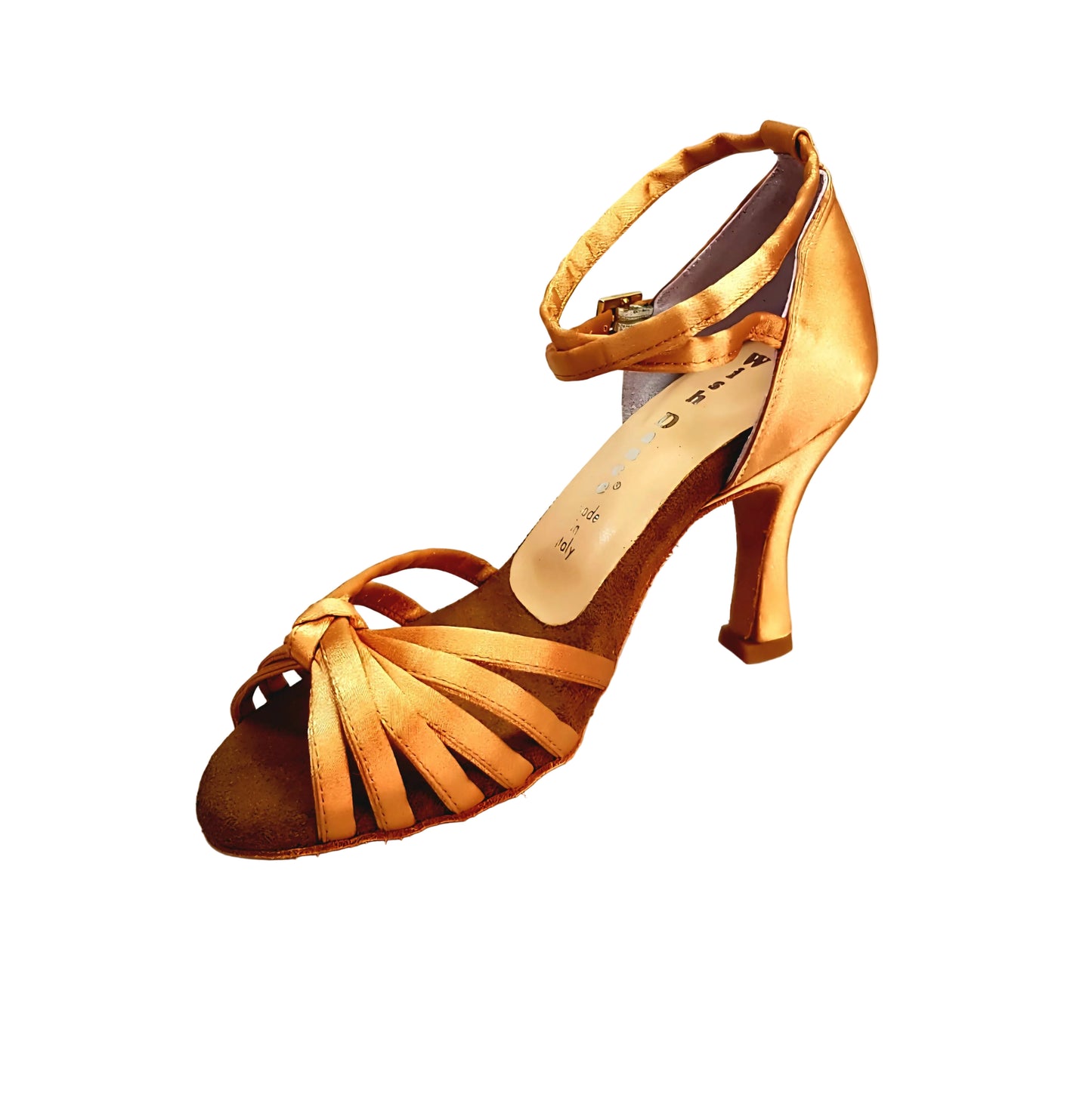Scarpa da ballo donna Patty QB Wish Dance Shop in raso seta bronzo, con cinturino doppio e tacco a rocchetto.