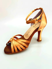 Carica immagine nella Galleria, Patty QB (28QB) - Scarpa da Ballo Basica da Donna in Raso Seta Bronzo Nodino con 6 Fascette e cinturino doppio sulla caviglia con Tacco a Rocchetto
