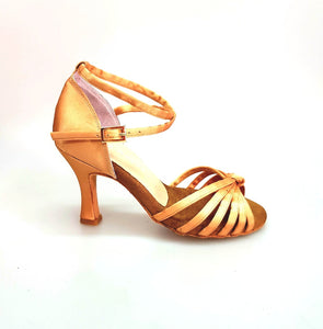 Patty QB (28QB) - Scarpa da Ballo Basica da Donna in Raso Seta Bronzo Nodino con 6 Fascette e cinturino doppio sulla caviglia con Tacco a Rocchetto