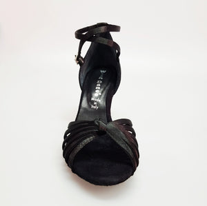 Patty QB (28QB) - Scarpa da Ballo Basica da Donna in Raso Seta Nero Nodino con 6 Fascette e Cinturino Doppio sulla Caviglia con Tacco Rocchettino