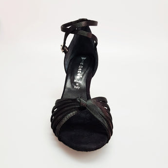Patty QB (28QB) - Scarpa da Ballo Basica da Donna in Raso Seta Nero Nodino con 6 Fascette e Cinturino Doppio sulla Caviglia con Tacco Rocchettino