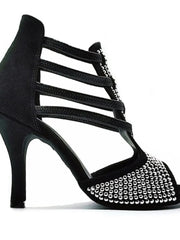 Load image into Gallery viewer, ESTELA (460PW) - Sandalo da Donna in Camoscio Nero e Swarovski Kristall e Tacco a Spillo Rivestito Camoscio Nero
