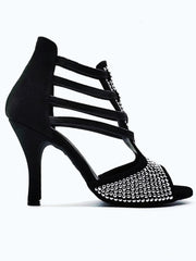 Load image into Gallery viewer, ESTELA (460PW) - Sandalo da Donna in Camoscio Nero e Swarovski Kristall e Tacco a Spillo Rivestito Camoscio Nero
