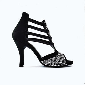 ESTELA (460PW) - Sandalo da Donna in Camoscio Nero e Swarovski Kristall e Tacco a Spillo Rivestito Camoscio Nero