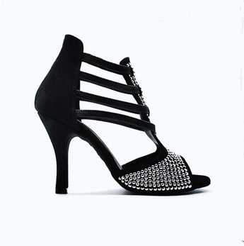 ESTELA (460PW) - Sandalo da Donna in Camoscio Nero e Swarovski Kristall e Tacco a Spillo Rivestito Camoscio Nero