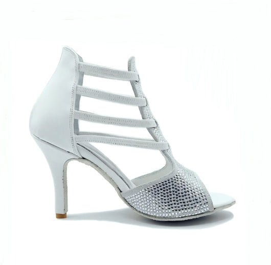 ESTELA (460PW) - Sandalo da Donna in Camoscio Ghiaccio e Swarovski Kristall e Pelle Bianca Tacco a Spillo Rivestito Camoscio Nero