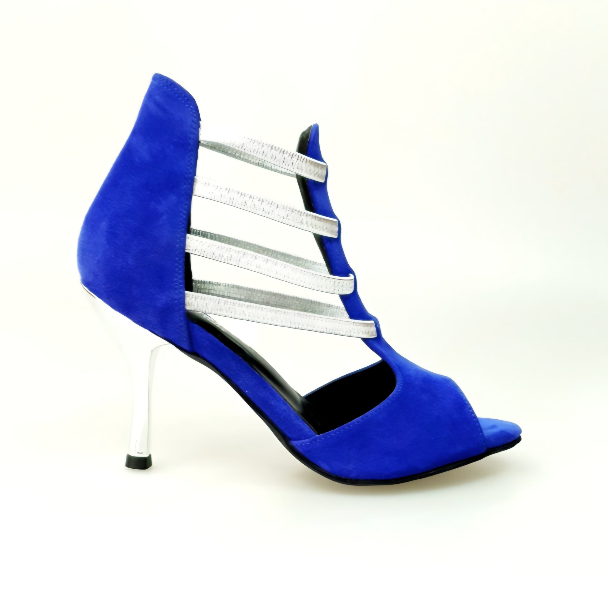 Sandalo Tatyana Wish Dance Shop in camoscio blu royal con elastici argento e tacco stiletto laminato argento, vista frontale