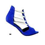 Load image into Gallery viewer, Tatyana (460PW) - Woman&#39;s Sandal in Royal Blue Suede with Silver Elastics and Silver Laminated Stiletto Heel
