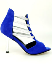 Load image into Gallery viewer, Tatyana (460PW) - Woman&#39;s Sandal in Royal Blue Suede with Silver Elastics and Silver Laminated Stiletto Heel
