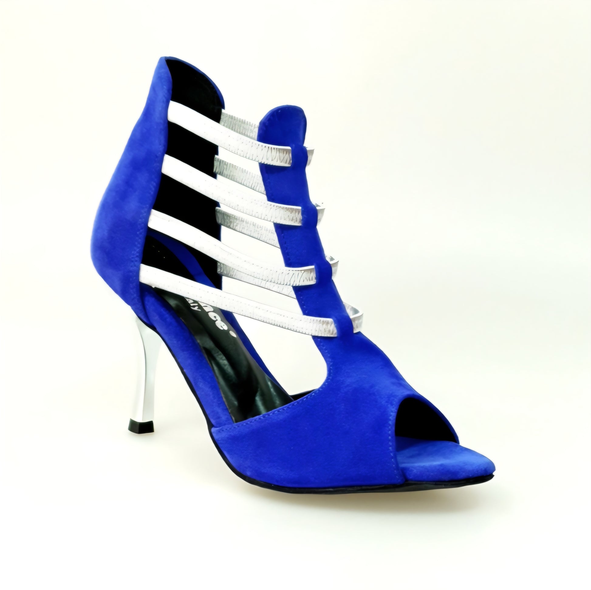 Sandalo Tatyana Wish Dance Shop in camoscio blu royal, elastici argentati e tacco a stiletto laminato argento, vista frontale