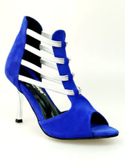 Load image into Gallery viewer, Tatyana (460PW) - Woman&#39;s Sandal in Royal Blue Suede with Silver Elastics and Silver Laminated Stiletto Heel
