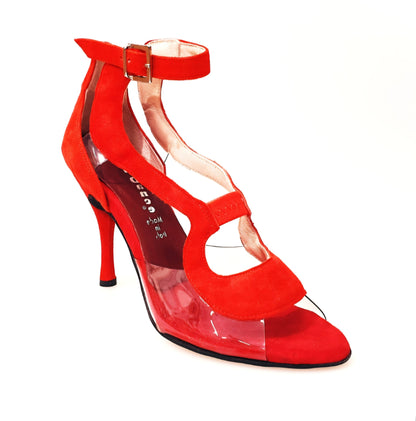 Sandalo donna Angela in camoscio rosso con dettagli in plexiglass, scarpa Wish Dance Shop elegante e alla moda