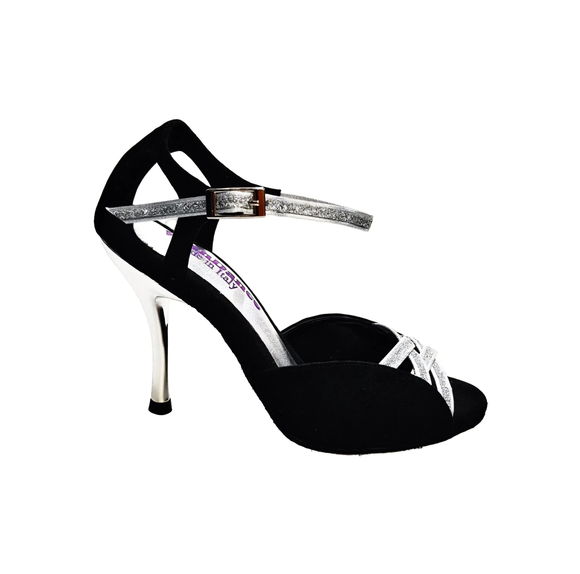 Sandalo da donna Morgane Scarlett in camoscio nero con fascette glitter argento e tacco a spillo laminato argento, scarpa Wish Dance Shop