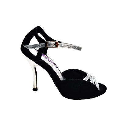Sandalo da donna Morgane Scarlett in camoscio nero con fascette glitter argento e tacco a spillo laminato argento, scarpa Wish Dance Shop