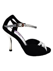 Carica immagine nella Galleria, Morgane Scarlett (691) - Sandalo da Donna in Camoscio Nero con Fascette in Glitter Argento e Tacco a Spillo laminato argento
