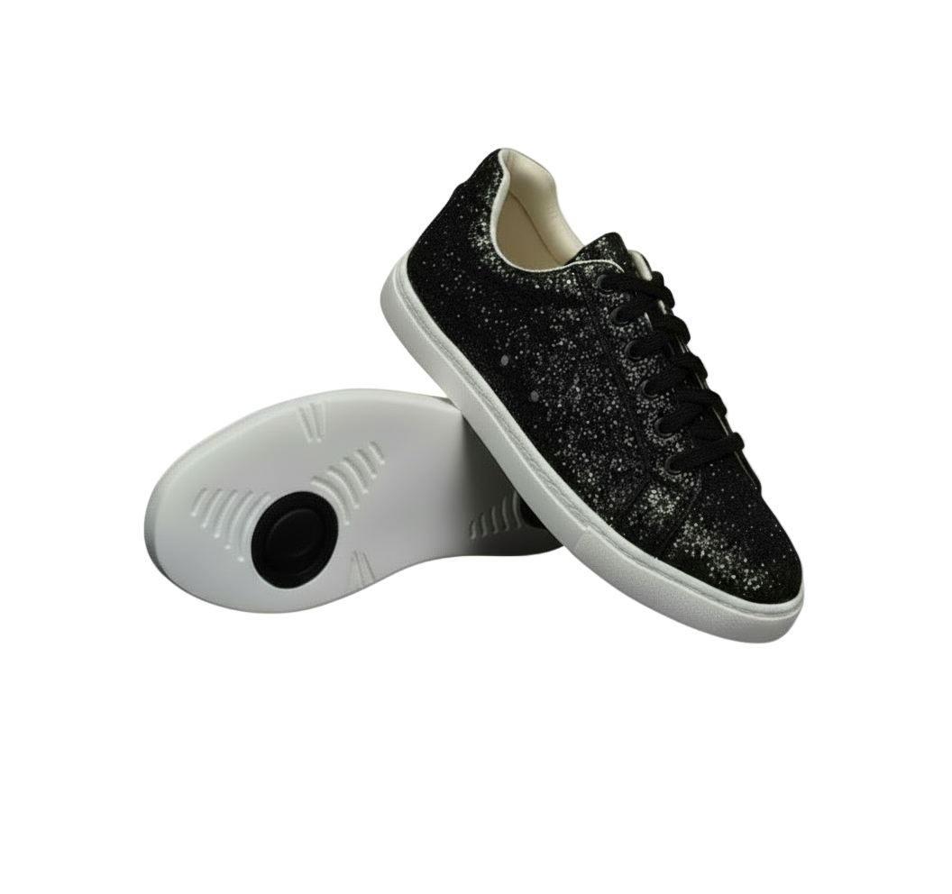 Sneaker ALEMANA Anny Vortex Wish Dance Shop con glitter nero, suola bianca in gomma e dettagli neri pivot.
