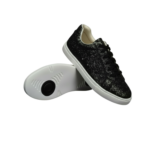 Sneaker ALEMANA Anny Vortex Wish Dance Shop con glitter nero, suola bianca in gomma e dettagli neri pivot.
