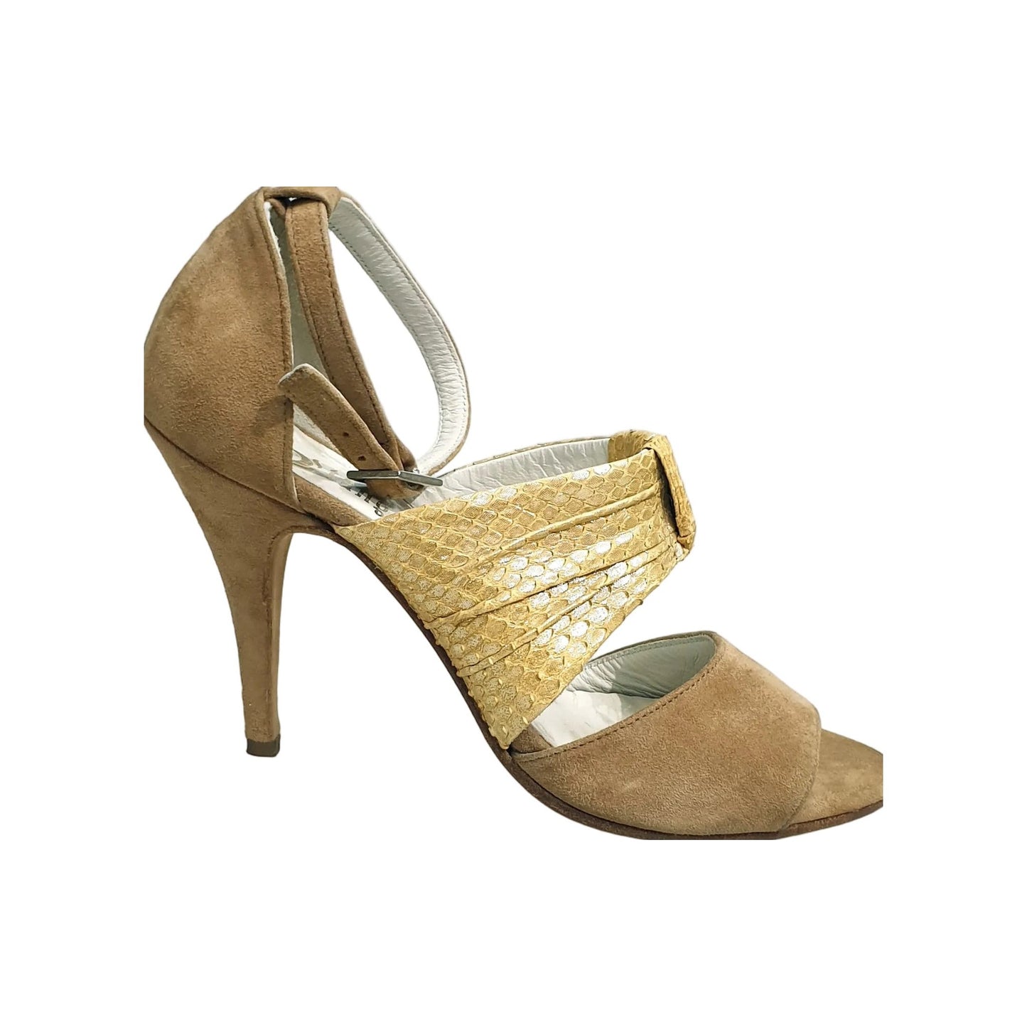 Scarpa Alena TNG 05 in camoscio nocciola, pitone e seta oro, dettagli eleganti e raffinati, vista frontale.