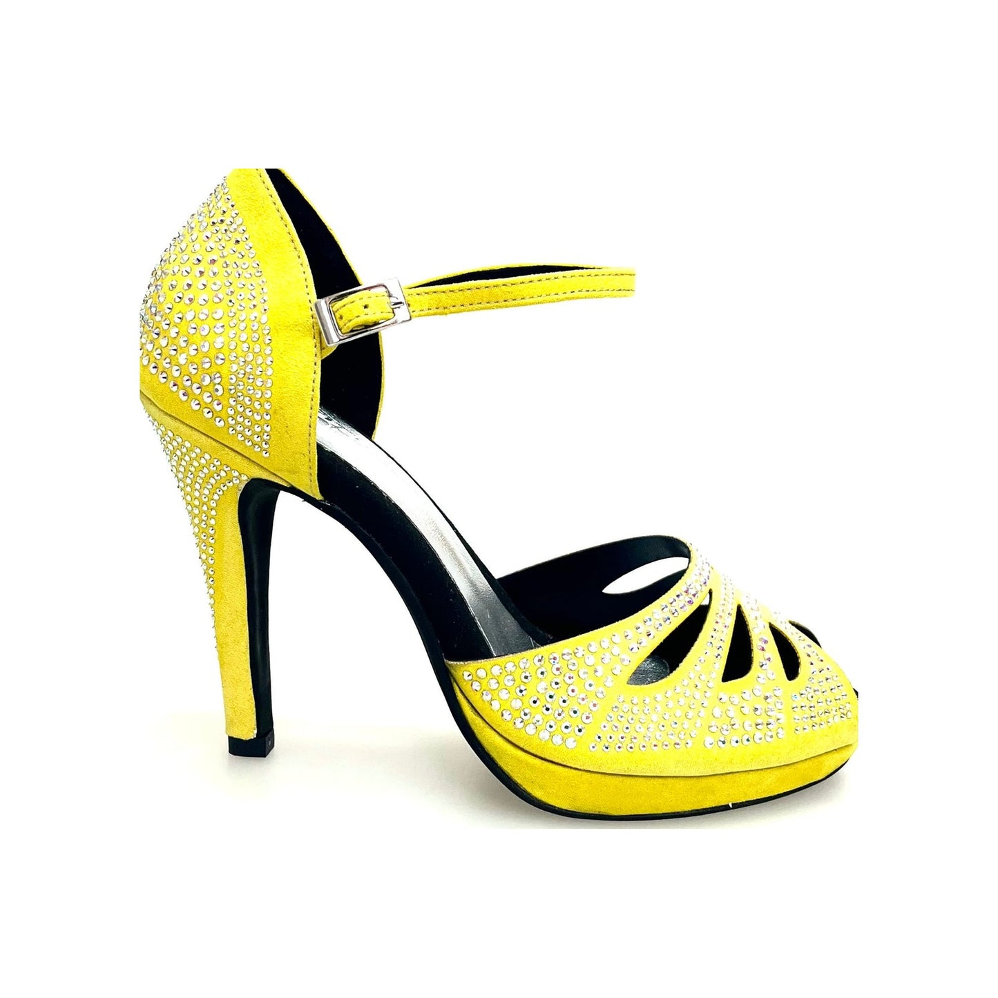 Scarpa da Ballo Camoscio Giallo Fluò Con Swarovski Boreali Tacco Alto Spillo Largo e Platò Confort Flex, vista laterale