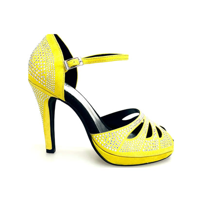 Scarpa da Ballo Camoscio Giallo Fluò Con Swarovski Boreali Tacco Alto Spillo Largo e Platò Confort Flex, vista laterale