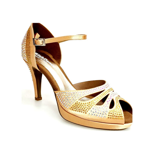 Scarpa da ballo Alexa in raso carne con Swarovski, tacco basso a spillo largo e plateau, Wish Dance Shop