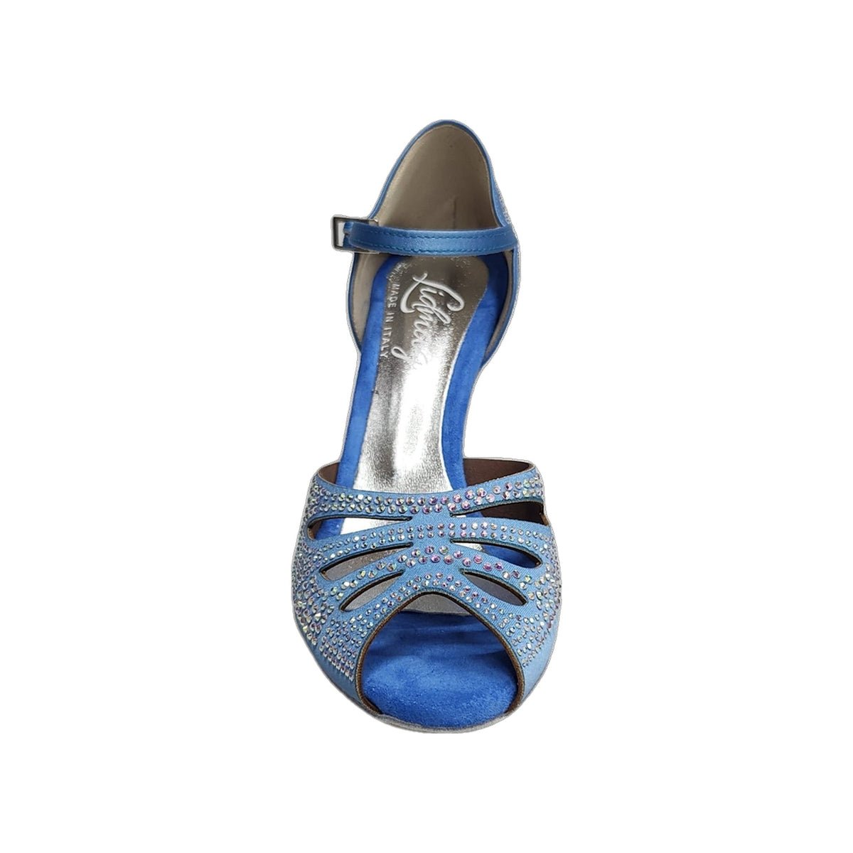 Scarpa da ballo in raso seta azzurro cielo Alexa LP4 con Swarovski Boreali e tacco a rocchetto, Wish Dance Shop