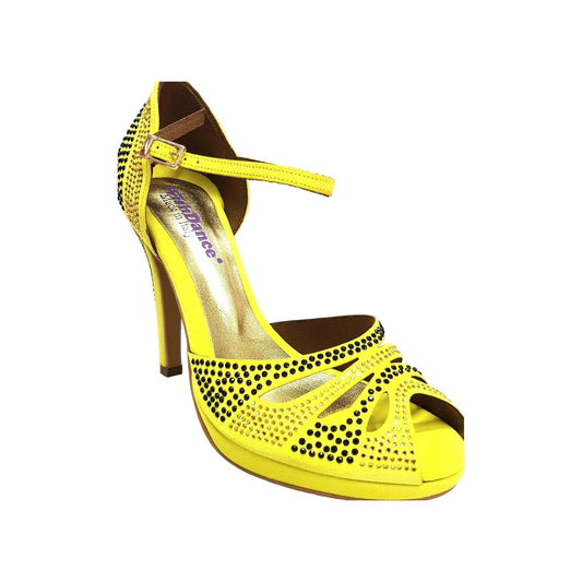Scarpa da ballo Alexa Wish Dance Shop in camoscio giallo con Swarovski, tacco alto a spillo largo e suola piatta.
