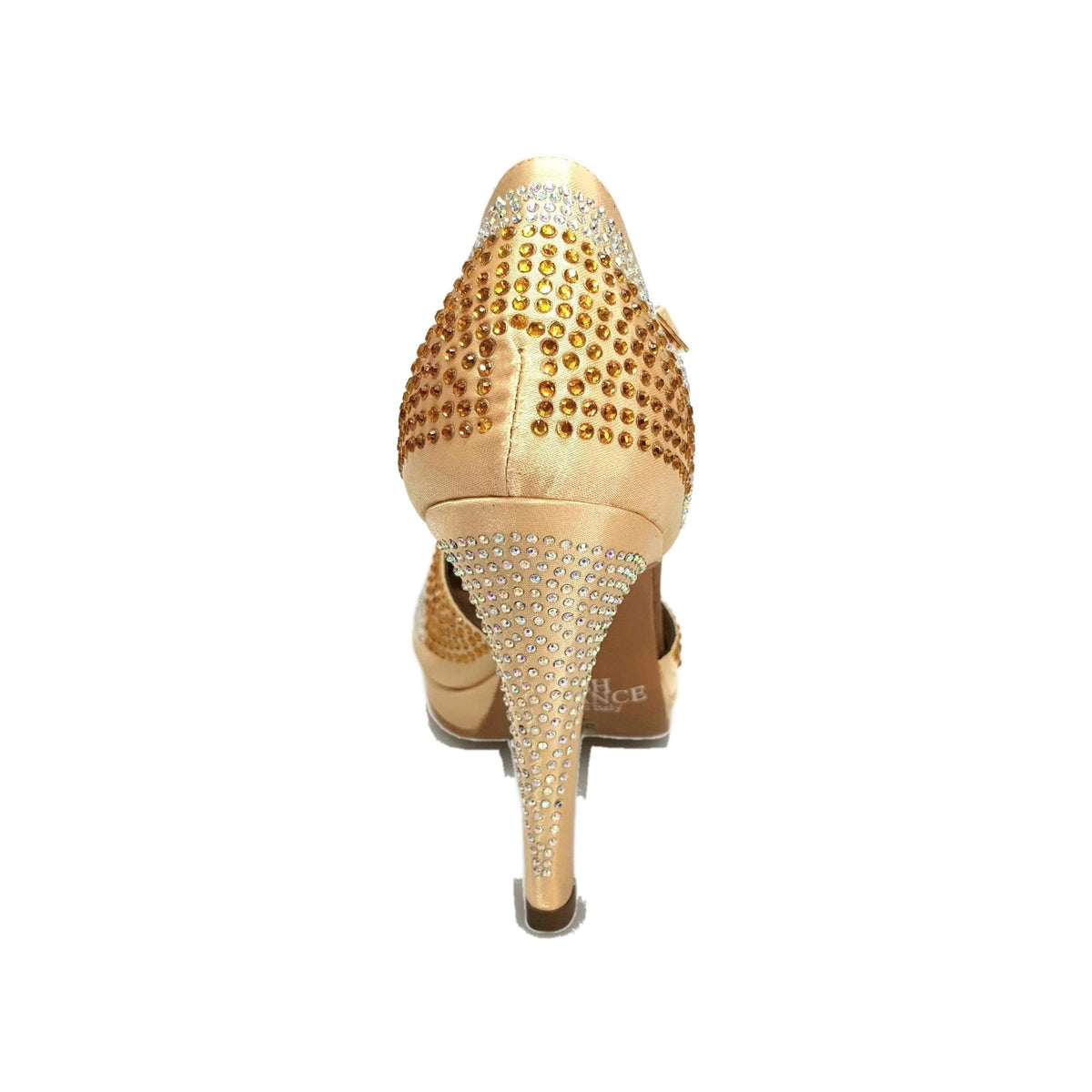 Scarpa da ballo Alexa Wish Dance Shop in raso oro con Swarovski, tacco alto a spillo largo e plateau, elegante e lucente