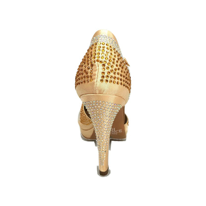 Scarpa da ballo Alexa Wish Dance Shop in raso oro con Swarovski, tacco alto a spillo largo e plateau, elegante e lucente