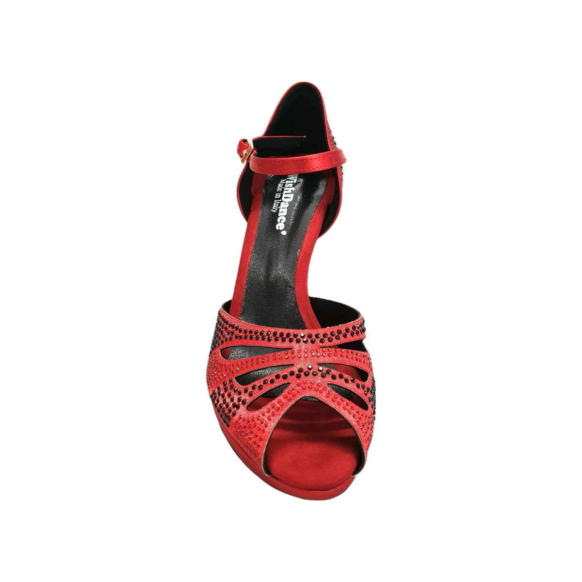 Scarpa da Ballo in Raso Rosso Con Swarovski Neri e Rossi Tacco Alto a Spillo Largo e Plateau Flex Alexa, vista tre quarti