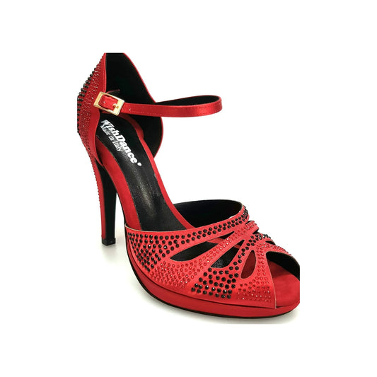 Scarpa da Ballo in Raso Rosso Con Swarovski Neri e Rossi Tacco Alto a Spillo Largo e Plateau Flex Alexa, vista laterale