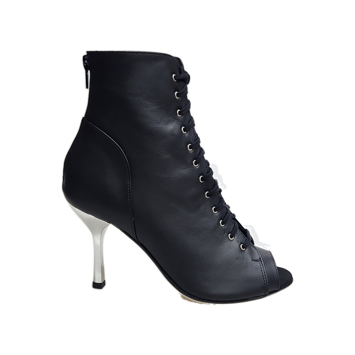 Stivaletto donna Wish Dance Shop Alexis Black Silver con zip, tacco squadrato in alluminio laminato argento, pelle nera.