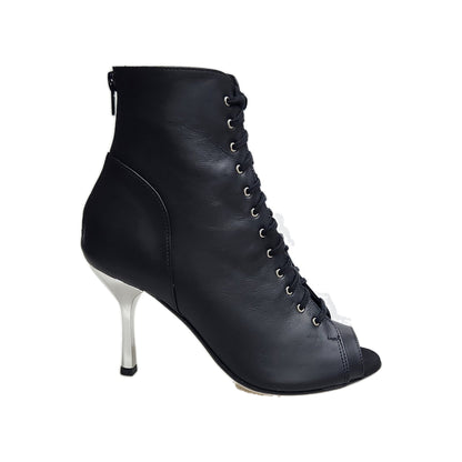 Stivaletto donna Wish Dance Shop Alexis Black Silver con zip, tacco squadrato in alluminio laminato argento, pelle nera.