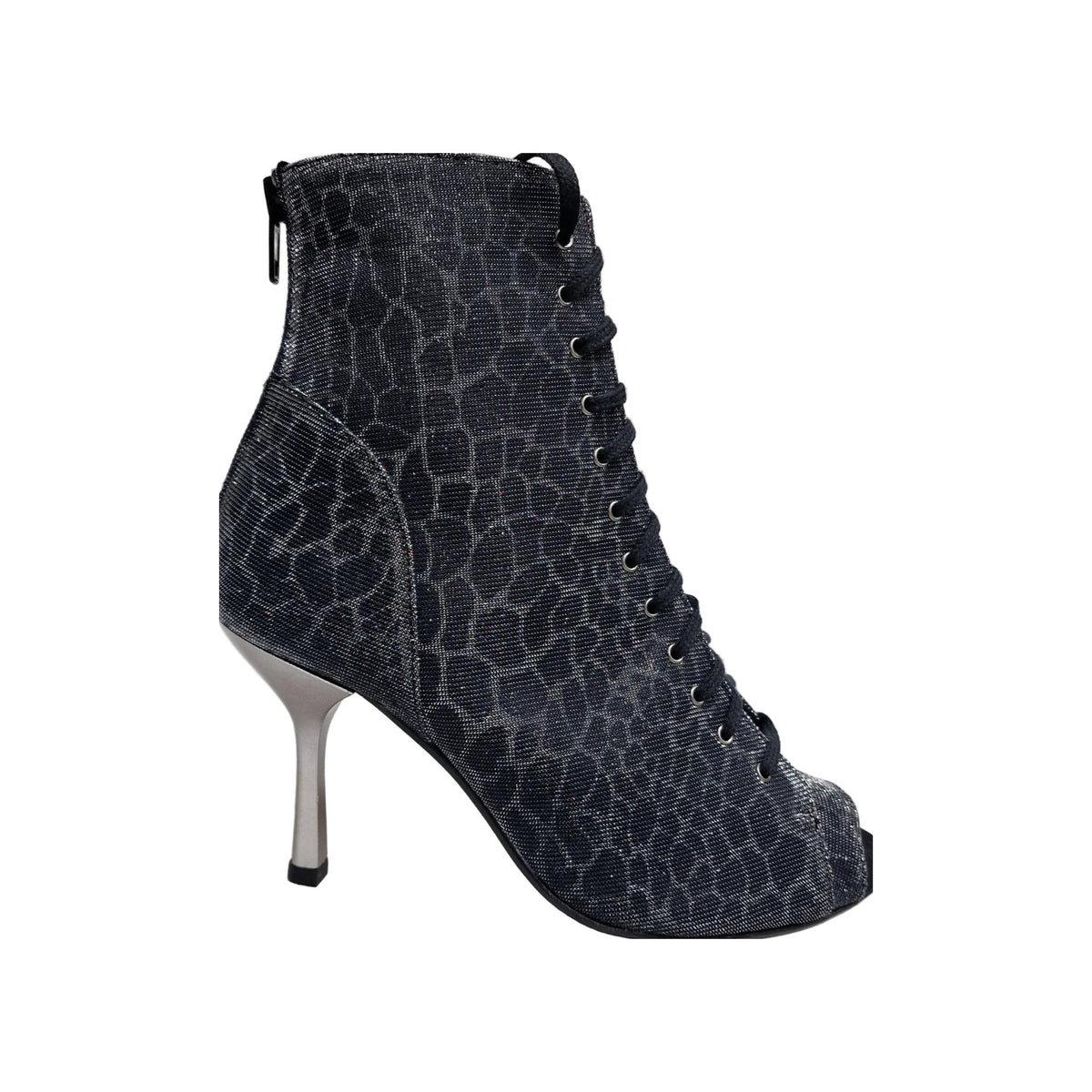 Stivaletto ALEXIS Silver Black Wish Dance Shop con zip, tacco squadrato in alluminio grigio, design elegante e moderno.
