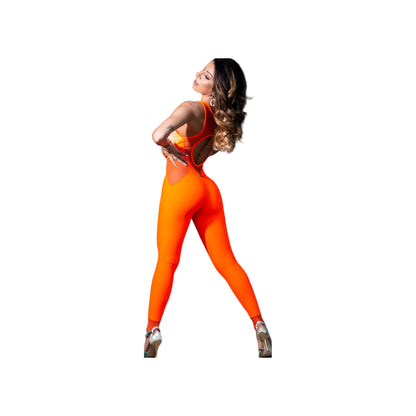 Jumpsuit in Microfibra Bielastica Traspirante Modellante Contenitiva Conteinment colore Arancio Fluò ANDREA, vista frontale