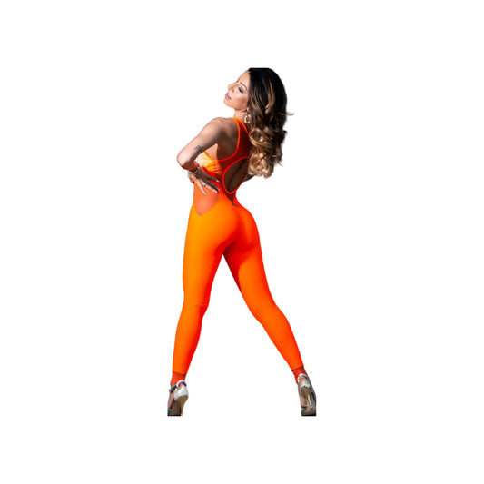 Jumpsuit in Microfibra Bielastica Traspirante Modellante Contenitiva Conteinment colore Arancio Fluò ANDREA, vista frontale