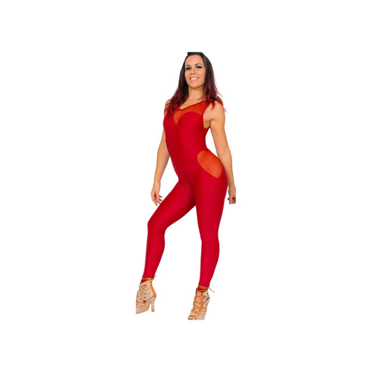 Completo jumpsuit in microfibra bianca e bordò, modellante e traspirante, con dettagli contenitivi, brand Wish Dance Shop.