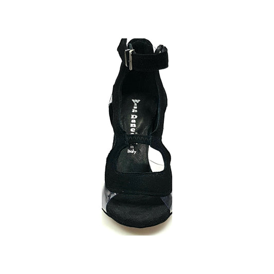 Sandalo Angela da donna in camoscio nero con parti in plexiglass e tacco alto a spillo largo, scarpe eleganti Wish Dance Shop