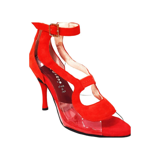 Sandalo donna Angela in camoscio rosso con dettagli in plexiglass, scarpa elegante di Wish Dance Shop.