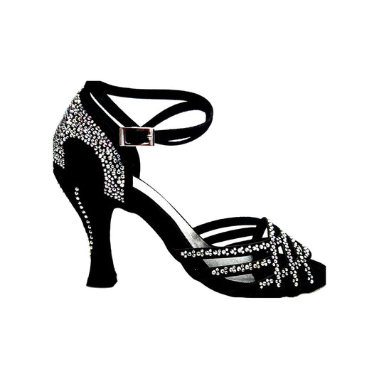 Scarpa Da Donna Linea Bi-Flex in Raso Seta Nero Con Swarovski Boreali Cinturino Incrociato alla Caviglia, vista laterale