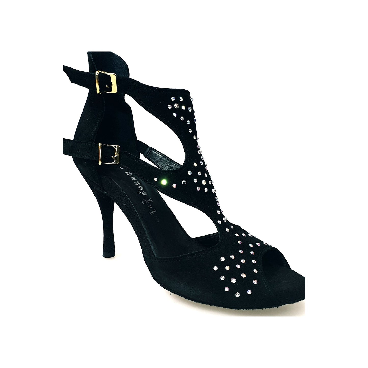 Sandalo donna Anna SW in camoscio nero con dettagli Swarovski, scarpa elegante Wish Dance Shop, vista frontale