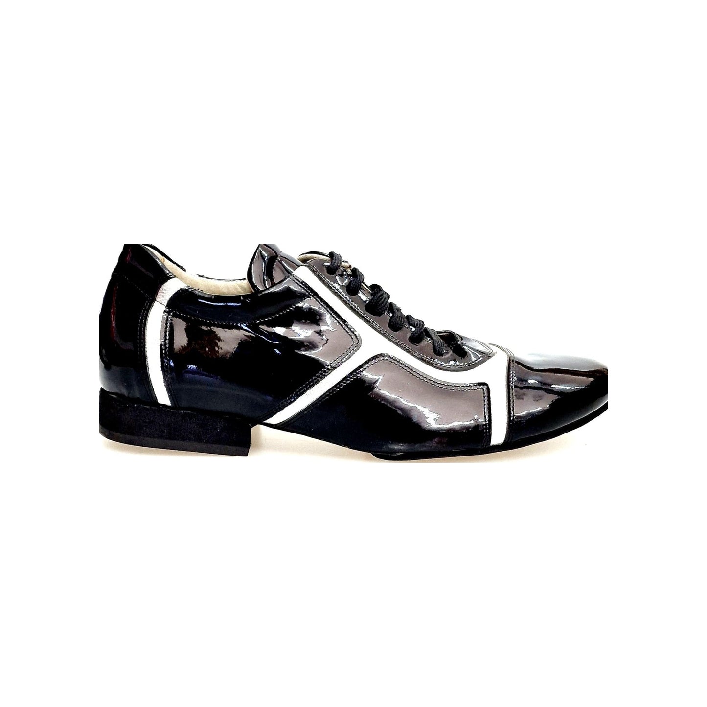 Scarpa Antony 115 da uomo in vernice nera con inserti in pelle argento, sneaker Wish Dance Shop, stile moderno e originale