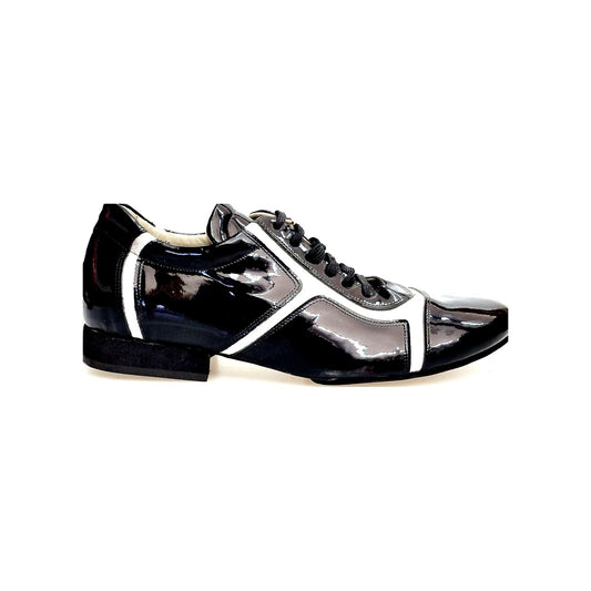 Scarpa Antony 115 da uomo in vernice nera con inserti in pelle argento, sneaker Wish Dance Shop, stile moderno e originale