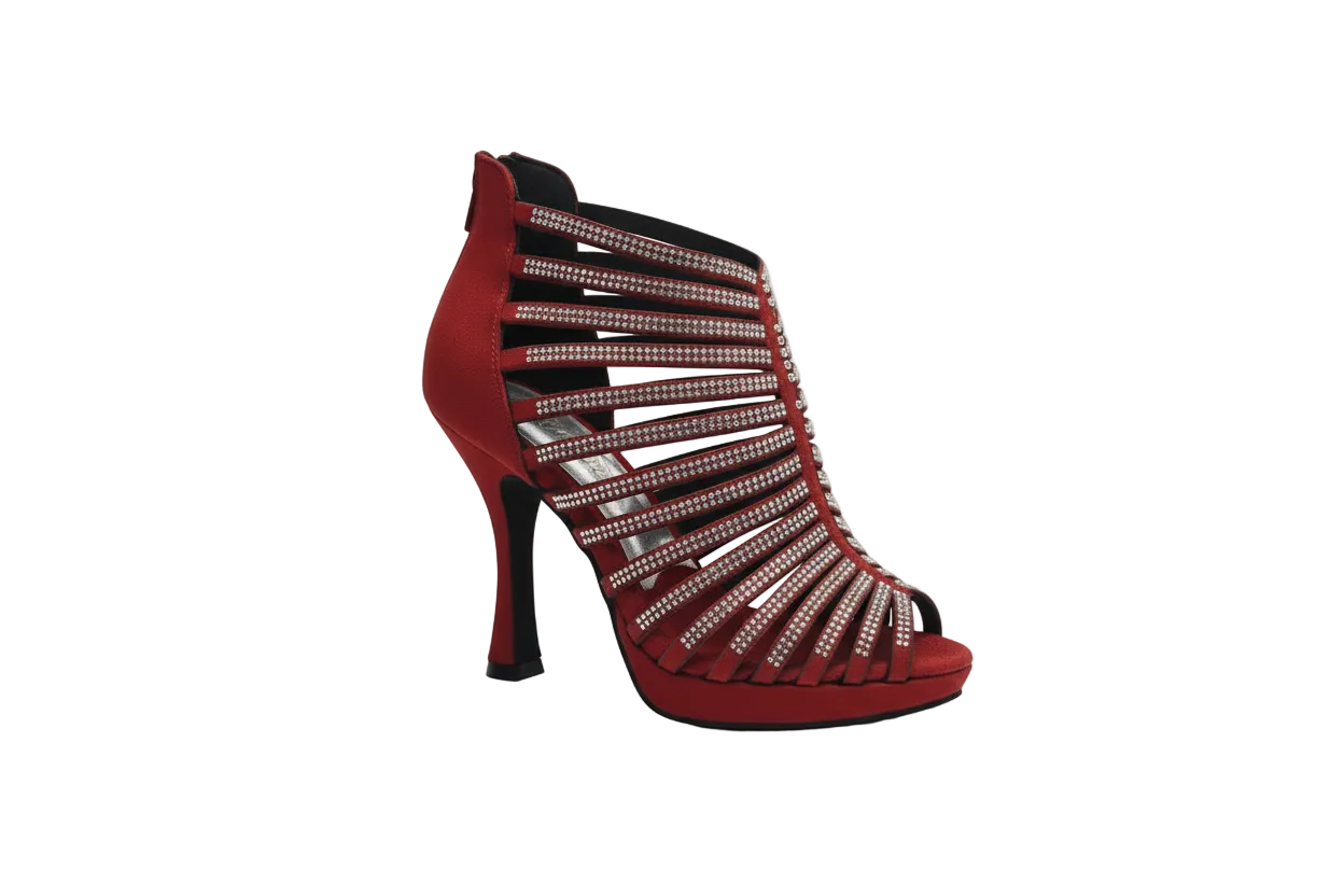 Sandalo a tronchetto donna ELSY Plus in morbido camoscio rosso con Swarovski Boreali, plateau flex e tacco basso a spillo largo.