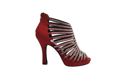 Sandalo a tronchetto donna ELSY Plus (LP7) in morbidissimo camoscio rosso con Swarovski Boreali, plateau flessibile e tacco basso largo.