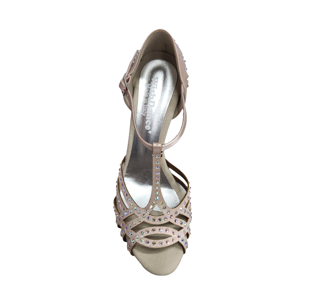 Scarpa da ballo Wish Dance Shop LANA L12 in raso e seta rosa cipria con Swarovski Boreali e tacco a rocchetto sottile.