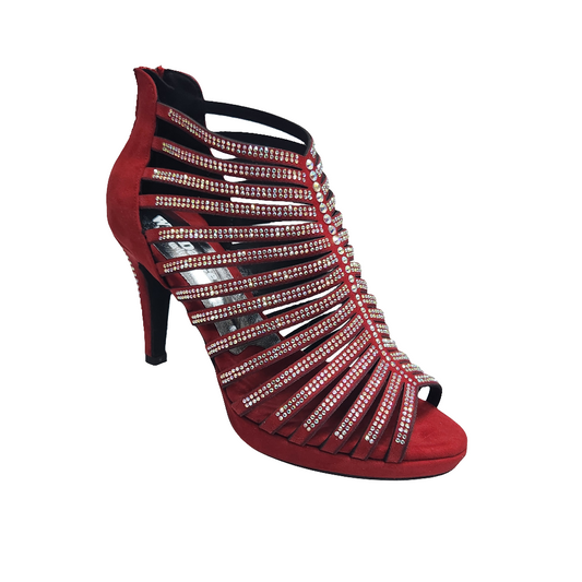 Sandalo donna ELSY Plus (LP7) in camoscio rosso con Swarovski, plateau flex e tacco basso a spillo largo.