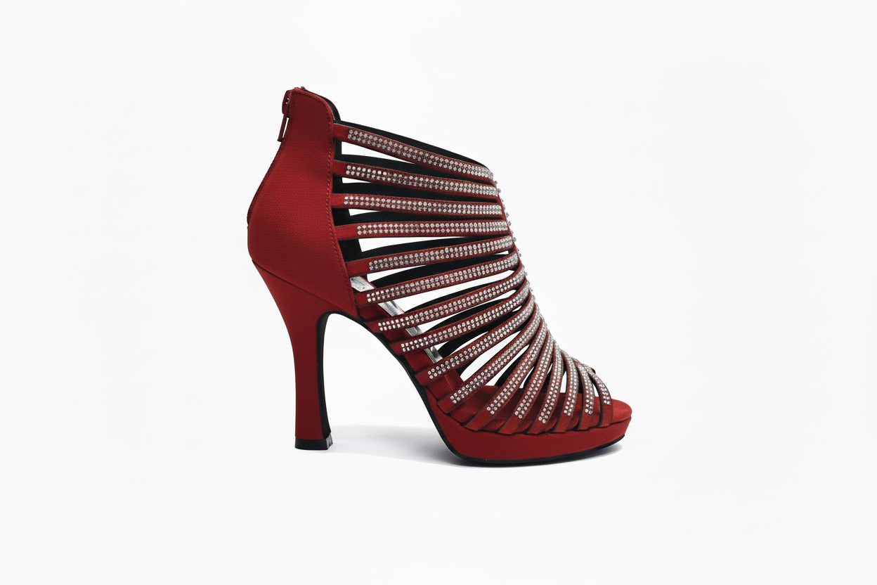 Sandalo a tronchetto donna ELSY Plus LP7 in morbido camoscio rosso con Swarovski, plateau flex e tacco basso a spillo largo.