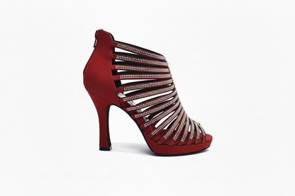 Sandalo a tronchetto donna ELSY Plus LP7 in morbido camoscio rosso con Swarovski, plateau flex e tacco basso a spillo largo.